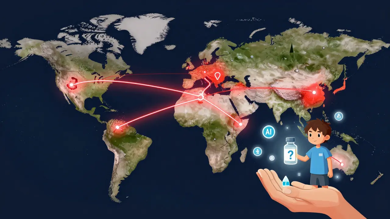 Global map with severed supply route causing red warnings, child holding uncertain medicine bottle.