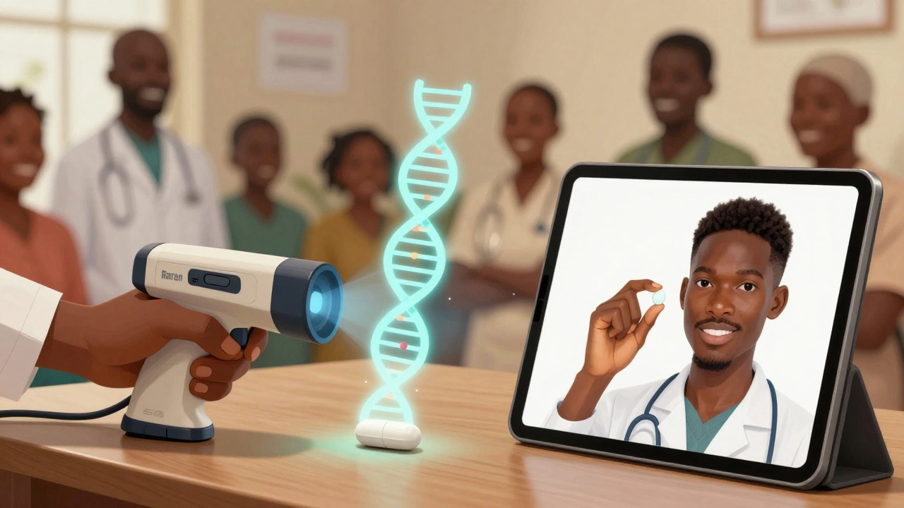 Health worker using handheld device to scan pill and display its molecular fingerprint on a tablet.
