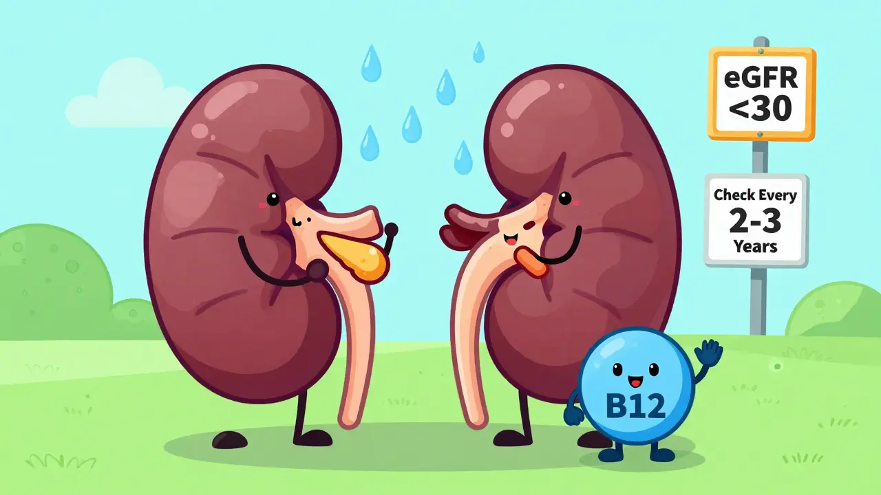 Healthy kidney and liver with metformin molecules passing safely, B12 check reminder visible.
