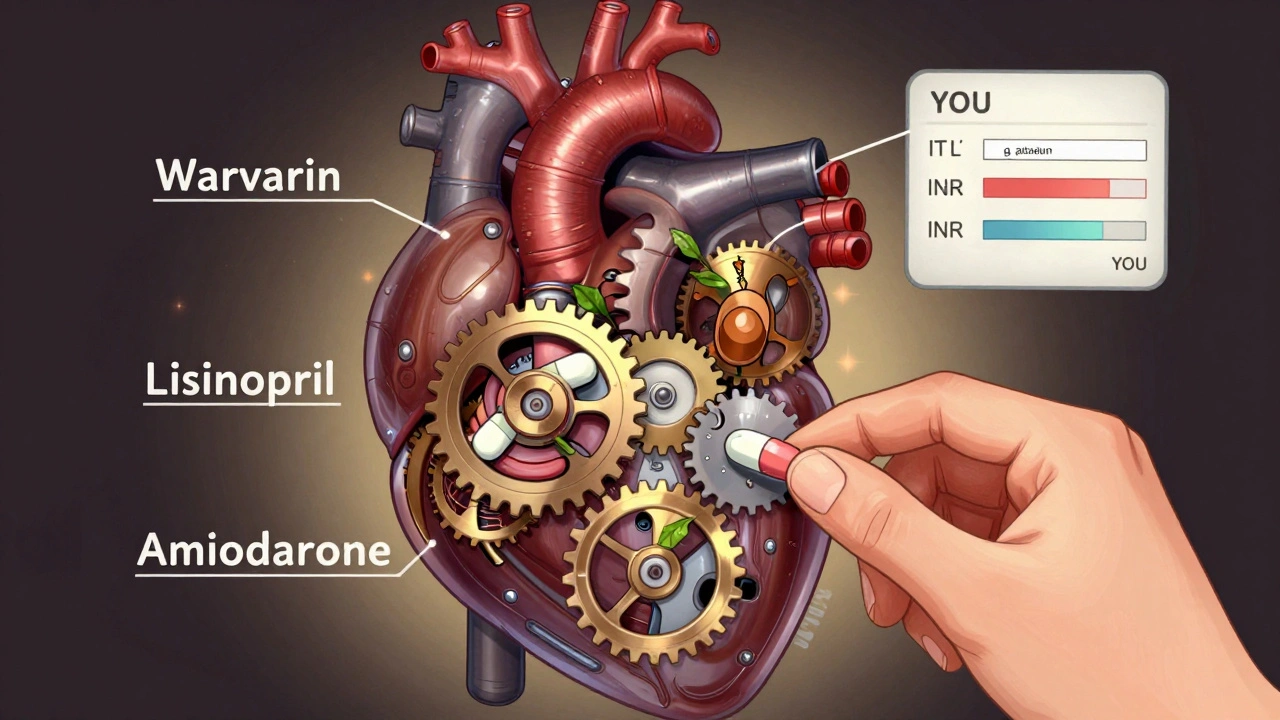 Heart as a clockwork mechanism with dangerous pills jamming its gears, being fixed by a polypill.