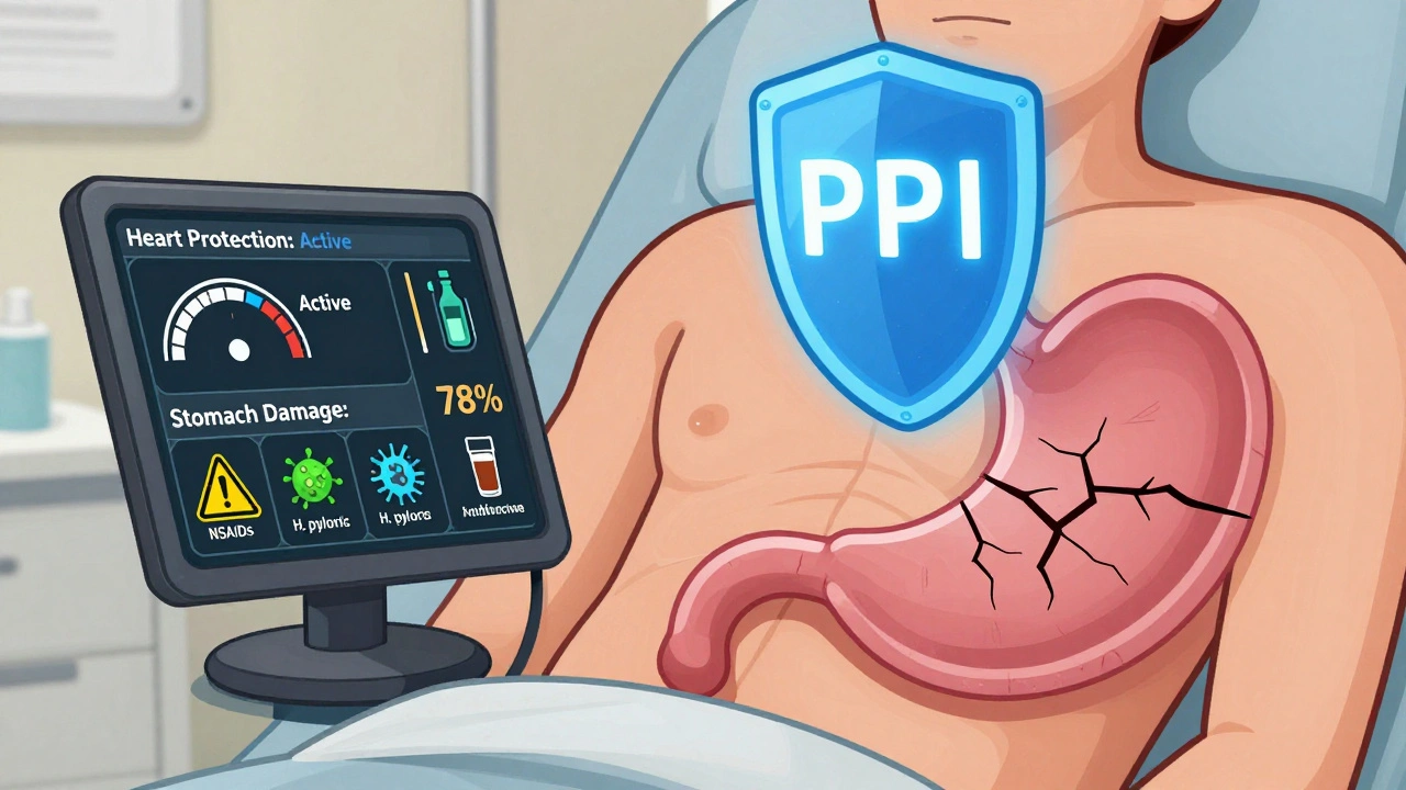 Medical dashboard showing heart protection and stomach damage with healing PPI shield