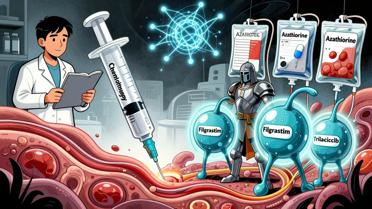Medications threatening bone marrow vs. protective treatments like growth factors and transfusions.