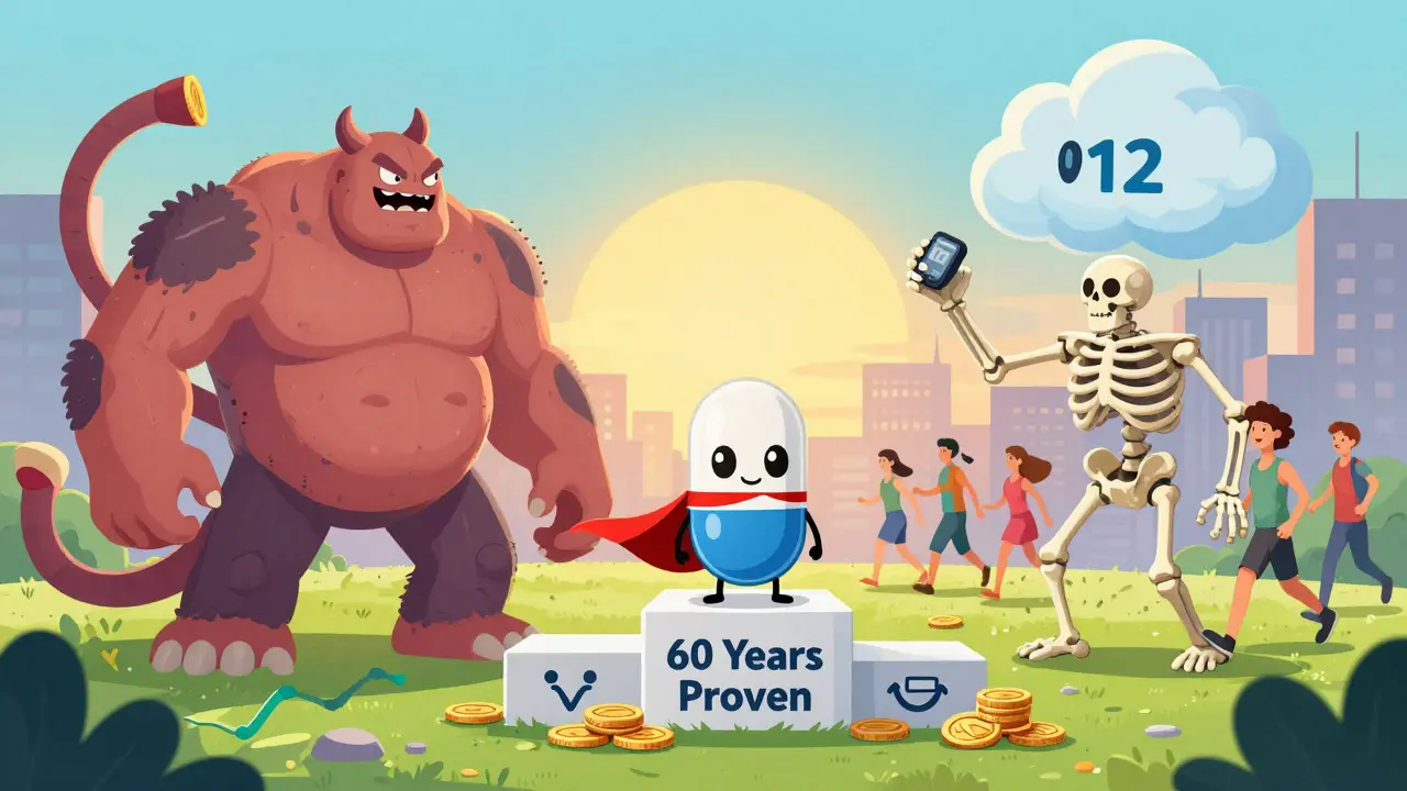Metformin pill defeating myths with a cape, surrounded by symbols of safety and longevity.