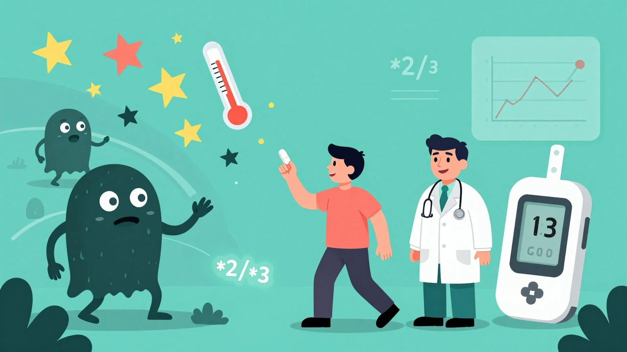 Person catching glucose tablet as hypoglycemia threats retreat, guarded by CGM and doctor.