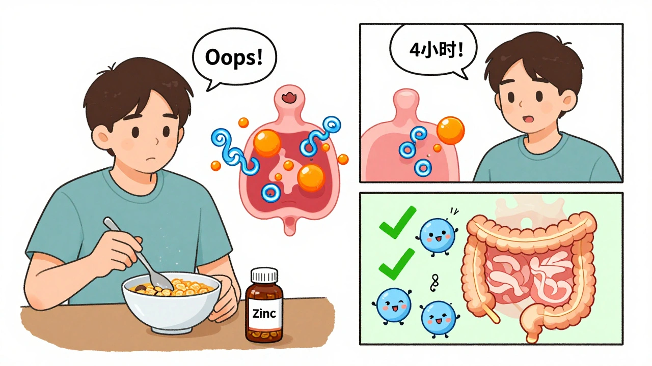 Person eating fortified cereal while zinc blocks antibiotic absorption in their body.