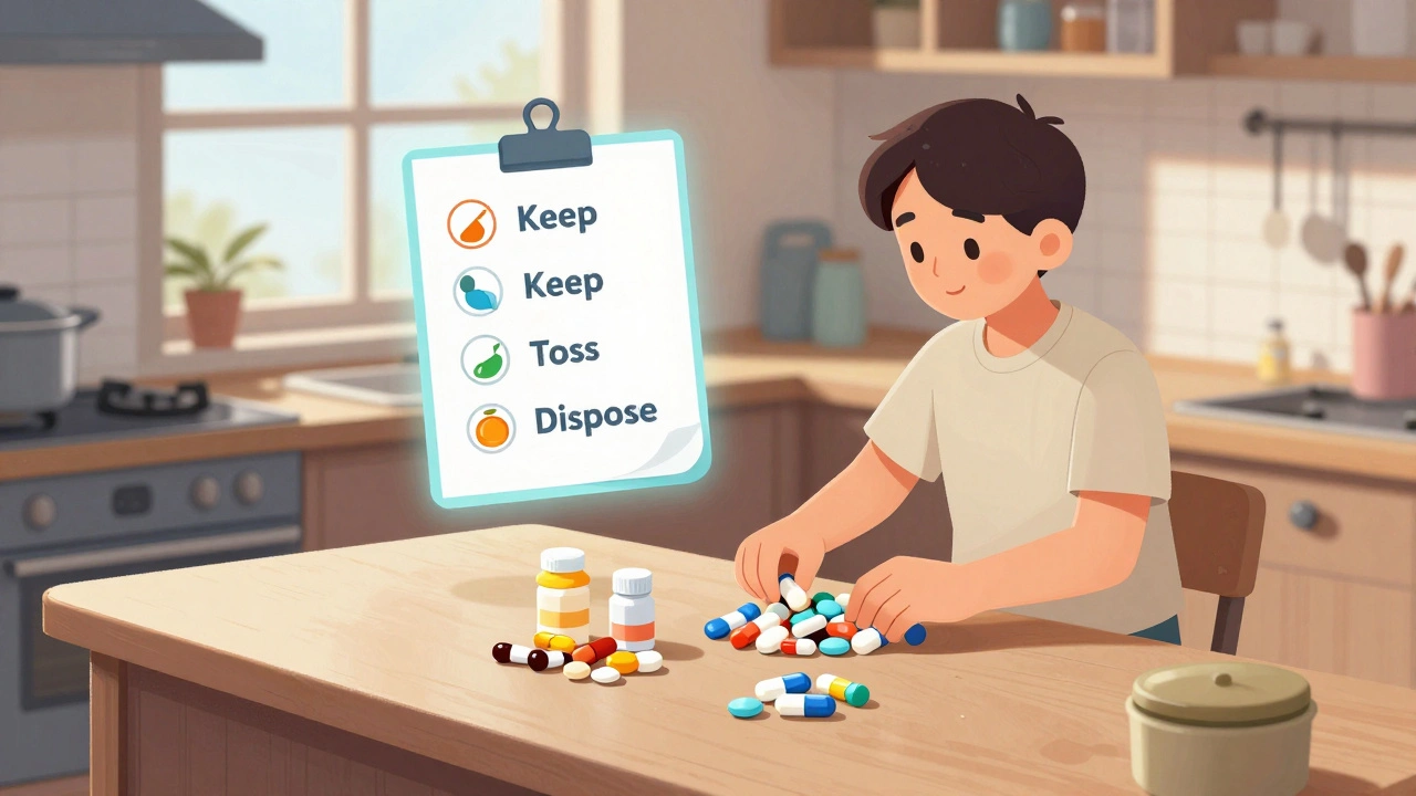 Person sorting medications on a kitchen counter with a floating checklist and locked drawer in background.