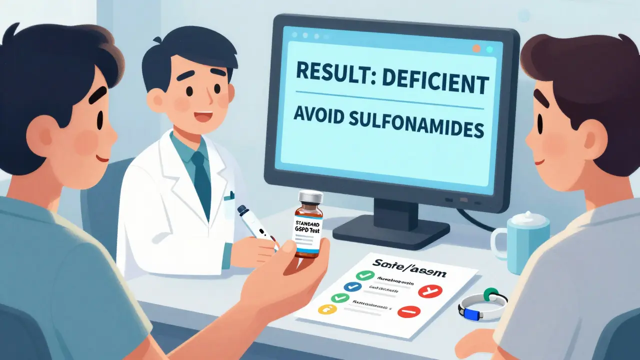 Pharmacist giving a rapid G6PD test to a patient, with safe and unsafe drug icons displayed on a screen nearby.