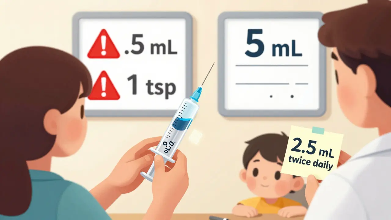 Pharmacist showing correct 0.5 mL syringe measurement, contrasting dangerous labels on wall behind