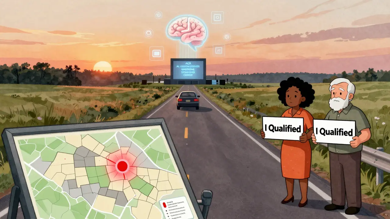 Rural car driving to an accredited screening center, with map showing access gaps and AI icons above.