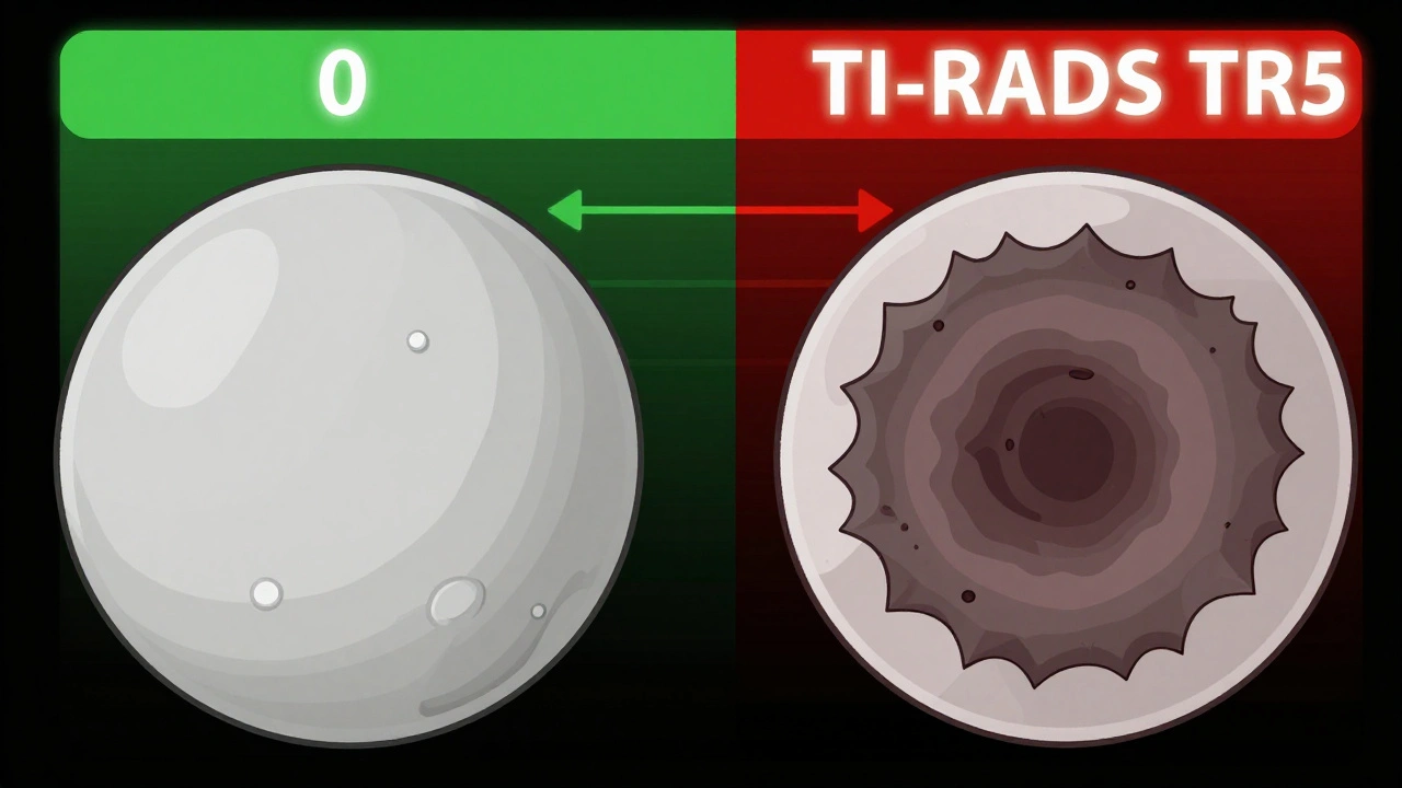 Side-by-side comparison of a benign thyroid nodule versus a high-risk nodule with TI-RADS scoring indicators.