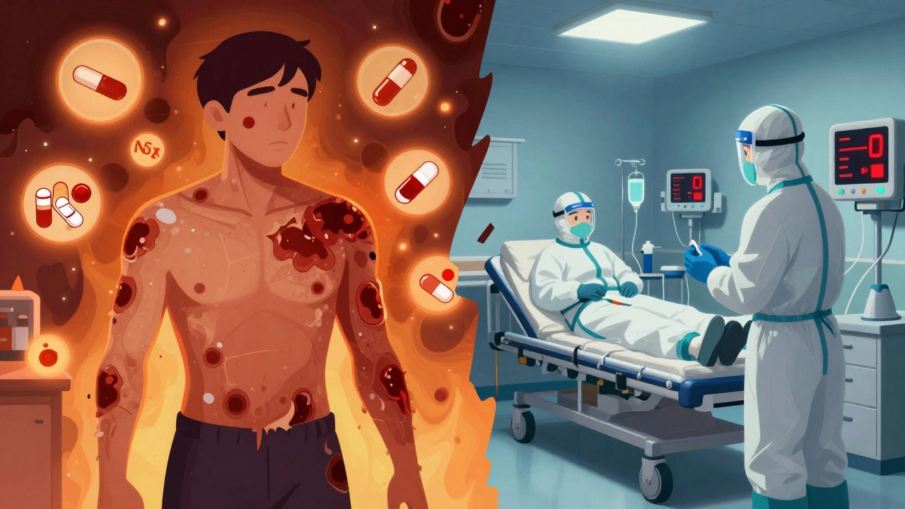 Split image: blistering skin rash on one side, hospital burn unit on the other, with drug icons floating nearby.