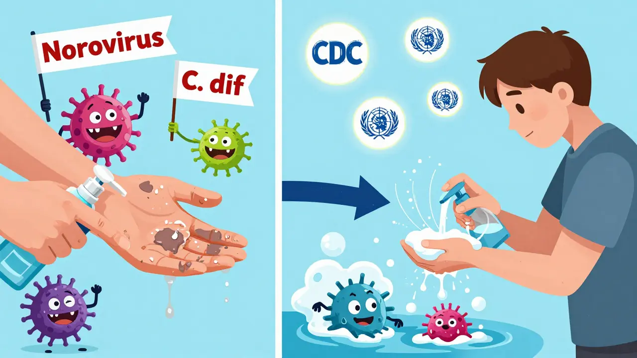 Split image: dirty hands with sanitizer failing vs. clean hands with soap washing away germs.