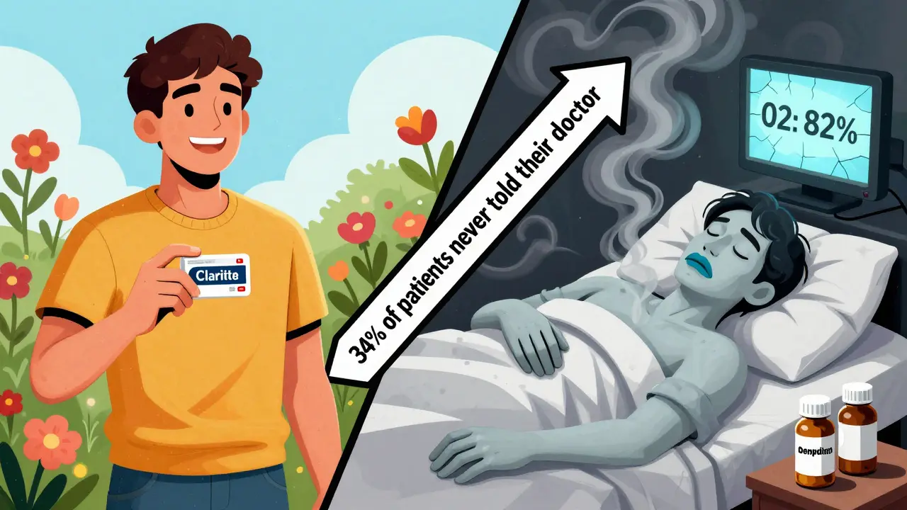 Split scene: healthy person taking safe allergy med vs. unconscious person with dangerous combo, separated by a warning arrow.