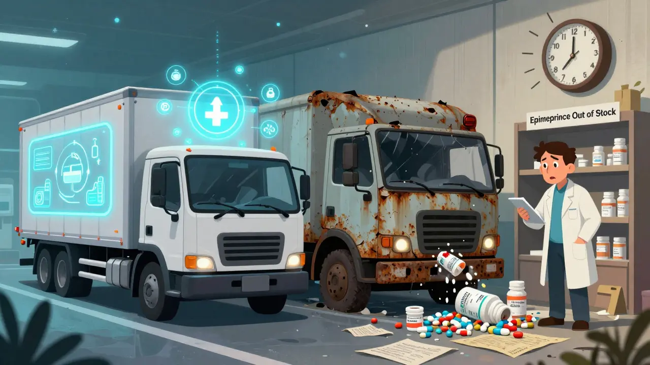 Split scene: high-tech cold chain truck vs. crumbling truck spilling pills, pharmacist facing empty shelf.