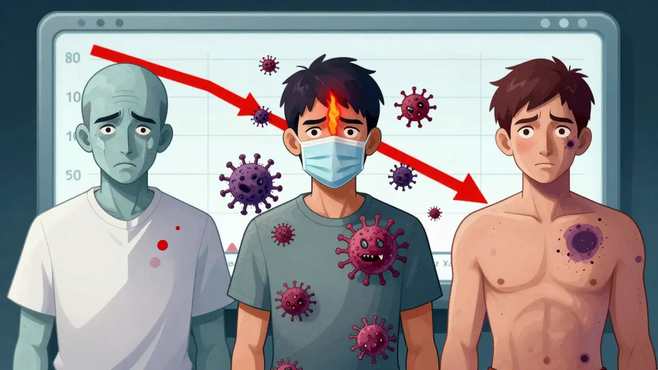 Three patients showing symptoms of anemia, neutropenia, and thrombocytopenia with falling blood count charts.