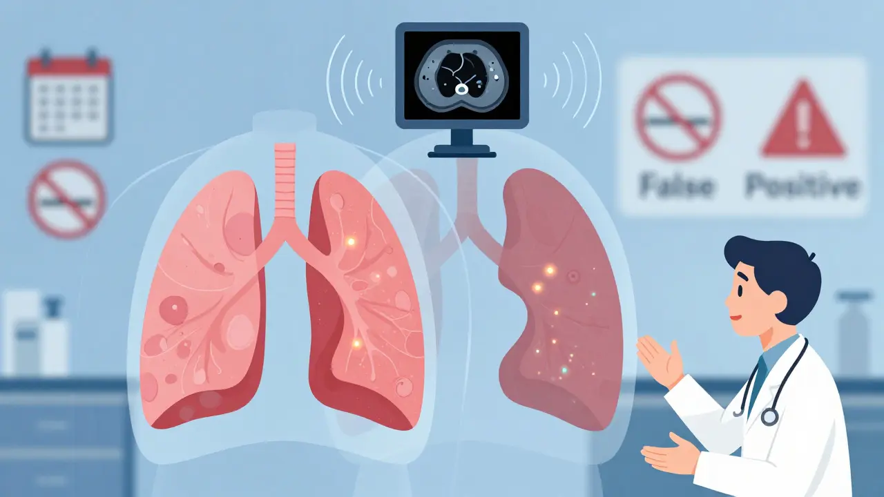 Transparent chest showing healthy and noduled lungs, with a low-dose CT scanner above and medical icons around.
