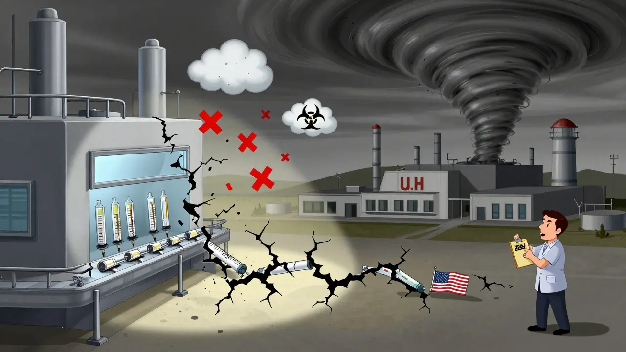 A broken sterile drug production line with contamination and natural disasters disrupting the global supply chain.