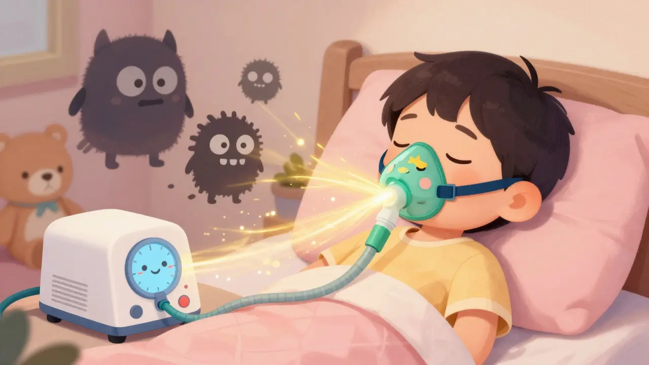 A child wearing a cute CPAP mask with air flowing gently, pushing away sleep-breathing obstructions.