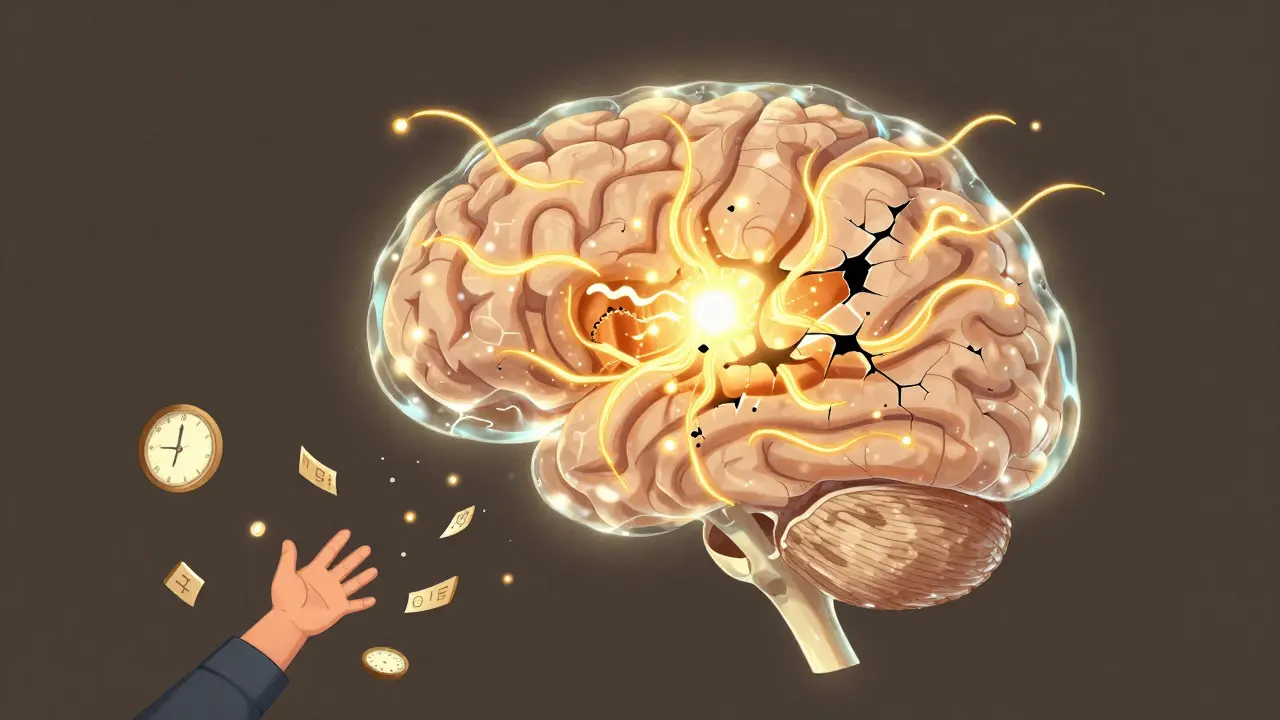 A glass brain with cracks in the memory center, flooded by cortisol waves and exploding dopamine sparks.