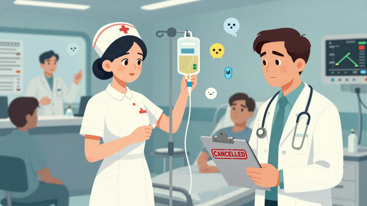 A nurse holds an empty IV bag in an ICU as doctors and pharmacists struggle with treatment alternatives.