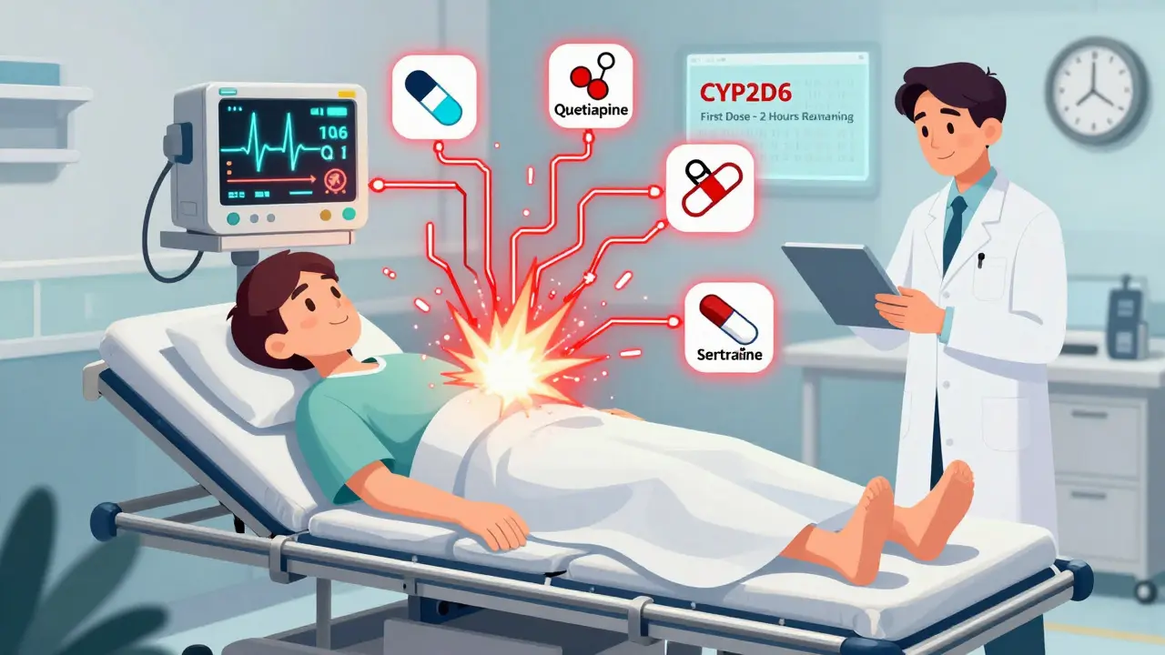 A patient on a hospital gurney with a dangerous heart rhythm, surrounded by sparking medication icons and a genetic code alert.