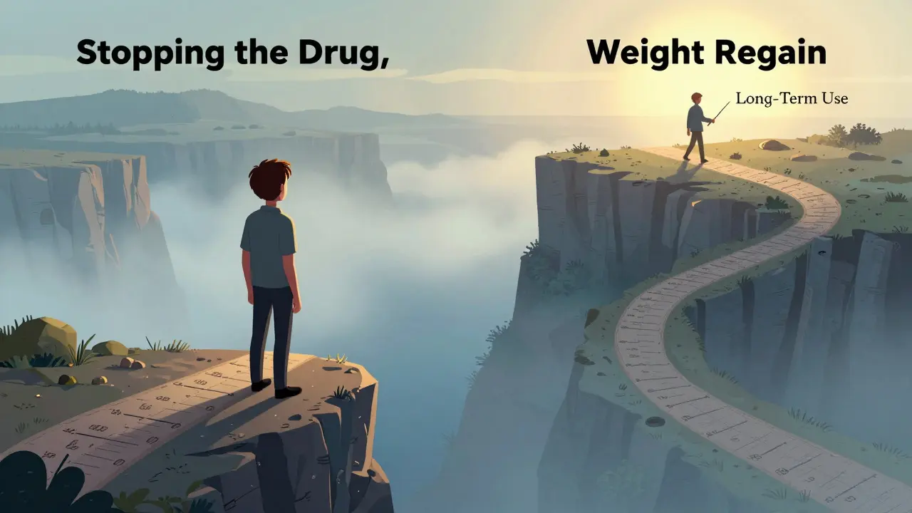 A person facing a cliff of weight regain, with a path of weight loss behind and long-term use ahead.