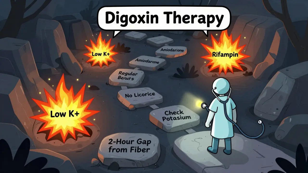 A person walking a minefield path labeled with safety steps, avoiding explosive hazards related to digoxin interactions.