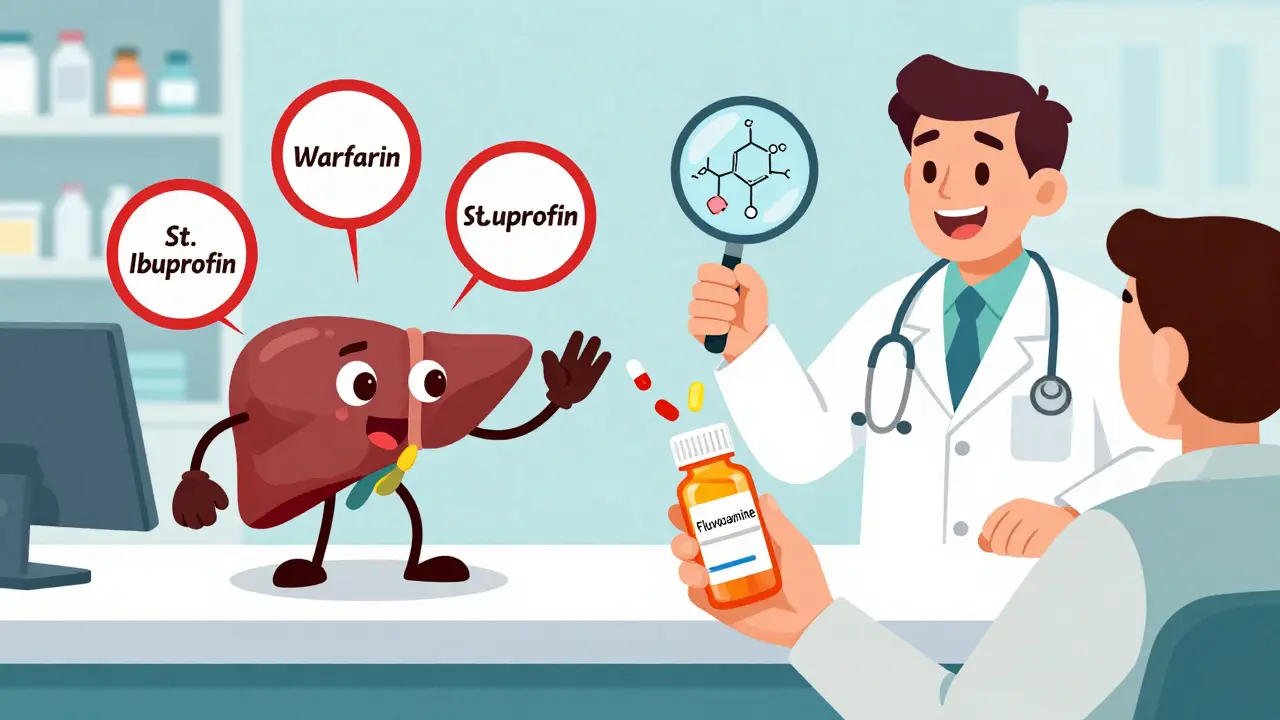 A pharmacist blocking dangerous drug interactions at a pharmacy counter with glowing warning halos.