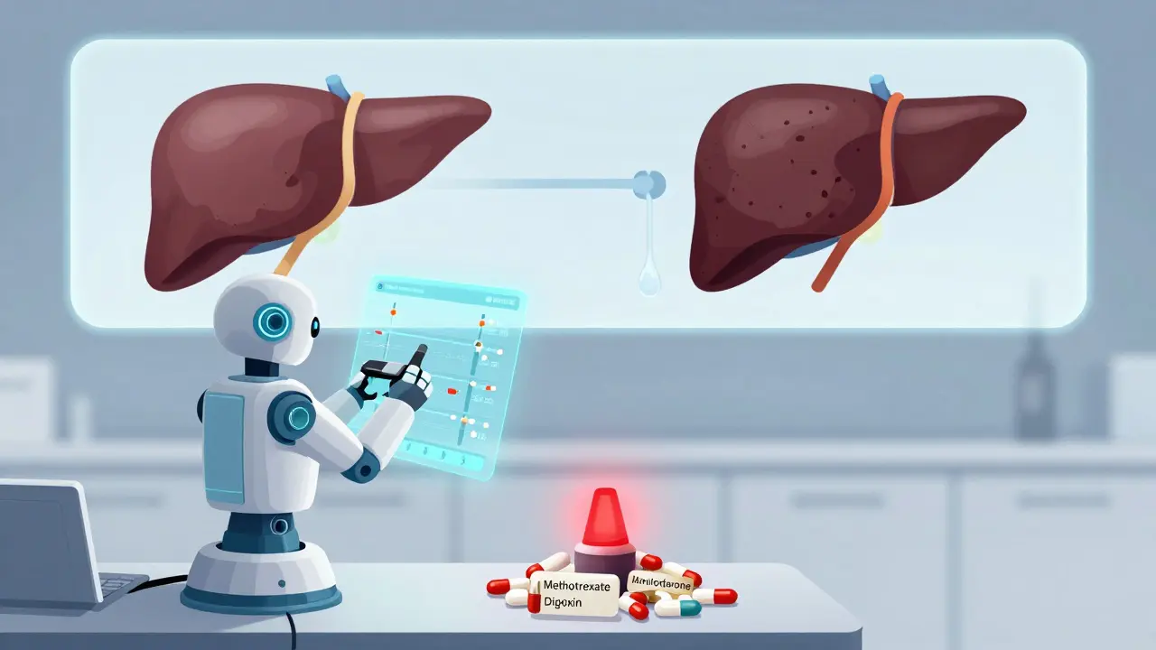 A robot pharmacist scanning a holographic timeline of drug accumulation, with a warning light above toxic medications.