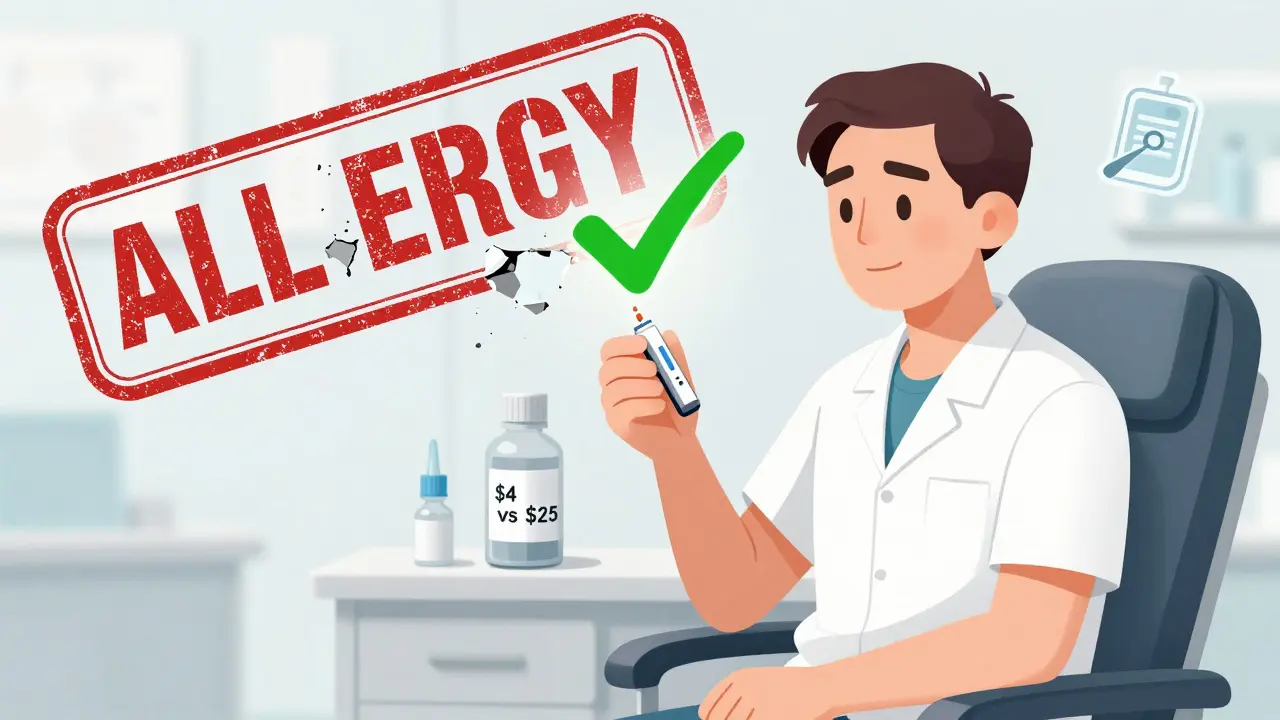 Adult undergoing penicillin skin test as an old allergy stamp crumbles away.