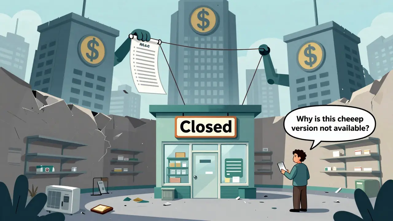 An abandoned pharmacy with 'Closed' sign, overshadowed by three giant corporate PBMs with dollar signs.