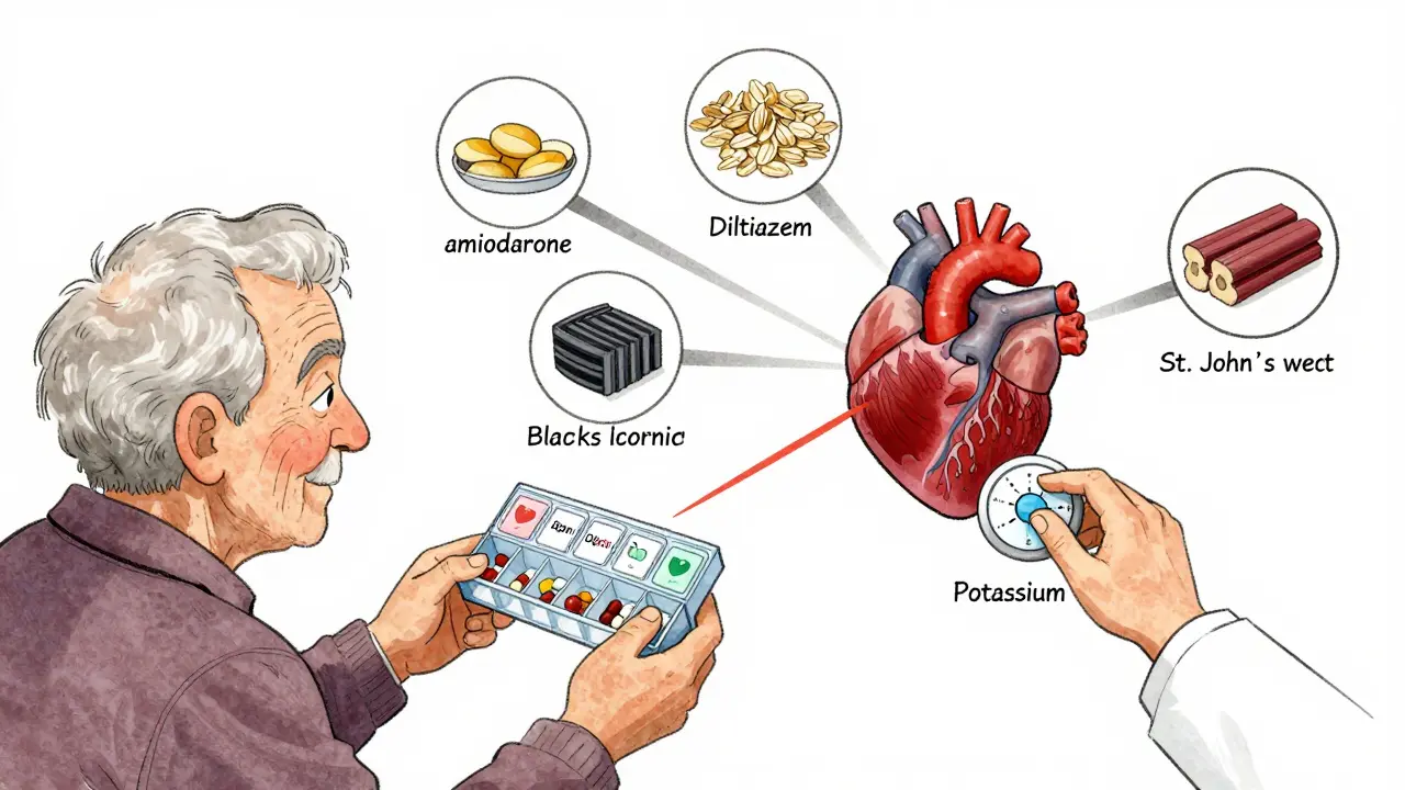 An elderly patient surrounded by warning icons of drugs and foods that interact with digoxin, a doctor adjusting potassium levels.