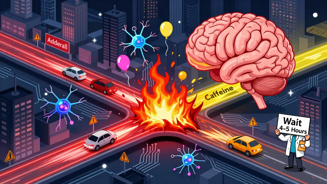 Brain as a city with colliding Adderall and caffeine highways causing chaos, doctor warning to wait hours.