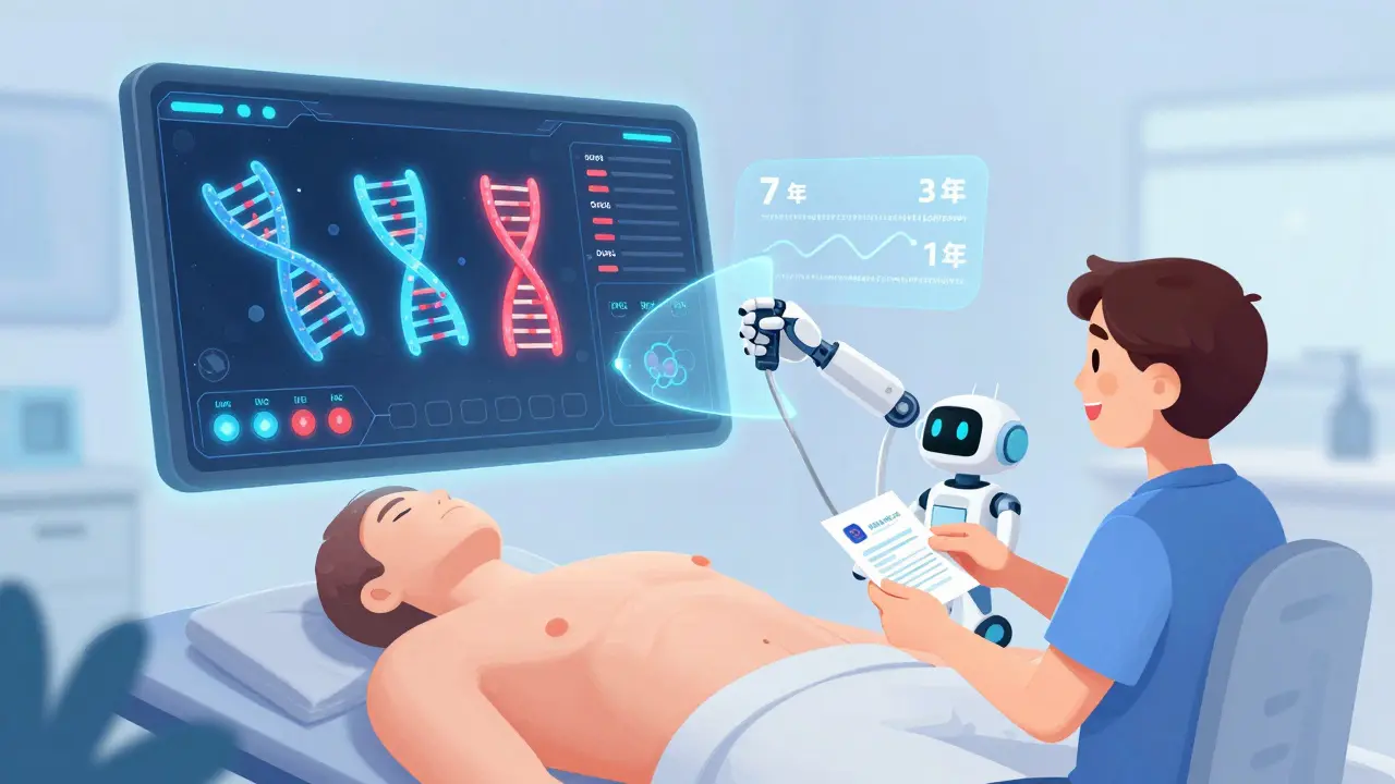 Futuristic medical dashboard showing molecular risk levels and personalized colonoscopy timelines above a human torso.