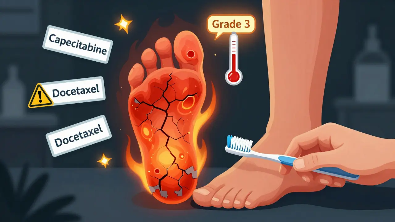 Hand and foot with fiery red, blistered skin from chemotherapy side effect, contrasting with healthy skin.