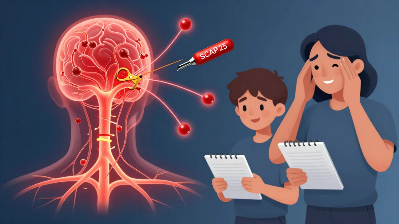 Neural network with pain signals being cut by Botox molecules, showing treatment for teens and adults.