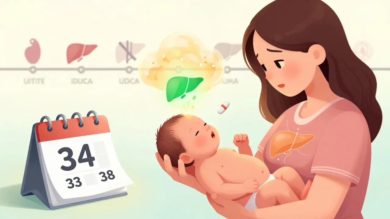 Newborn held by mother as golden bile fades, UDCA pill floats near liver, timeline shows postpartum risks.