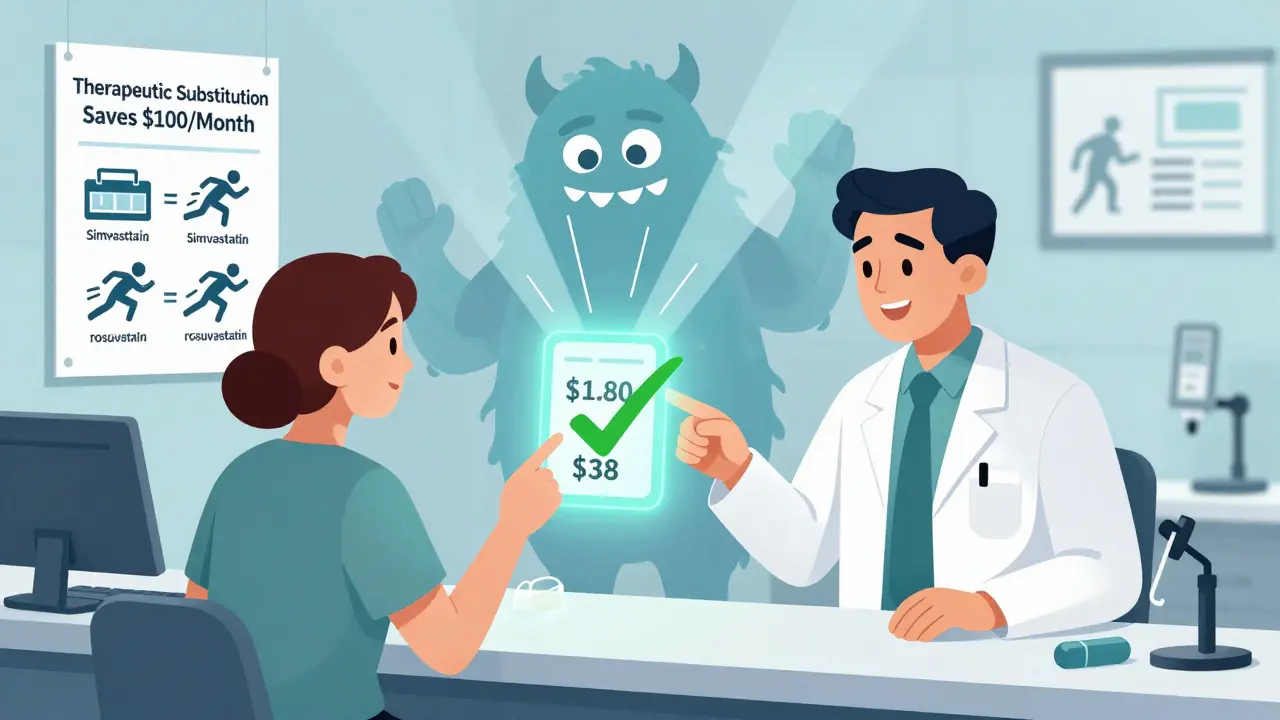 Patient and pharmacist examine a tablet showing low and high generic drug prices, with a transparency light shrinking a PBM monster.