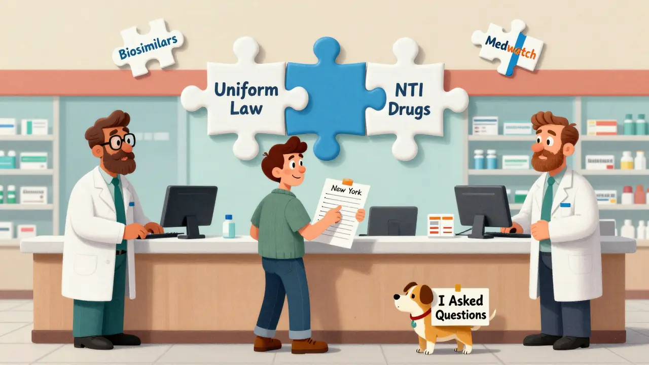 Patient caught between two pharmacists in a border town, holding a medication list amid floating legal puzzle pieces.