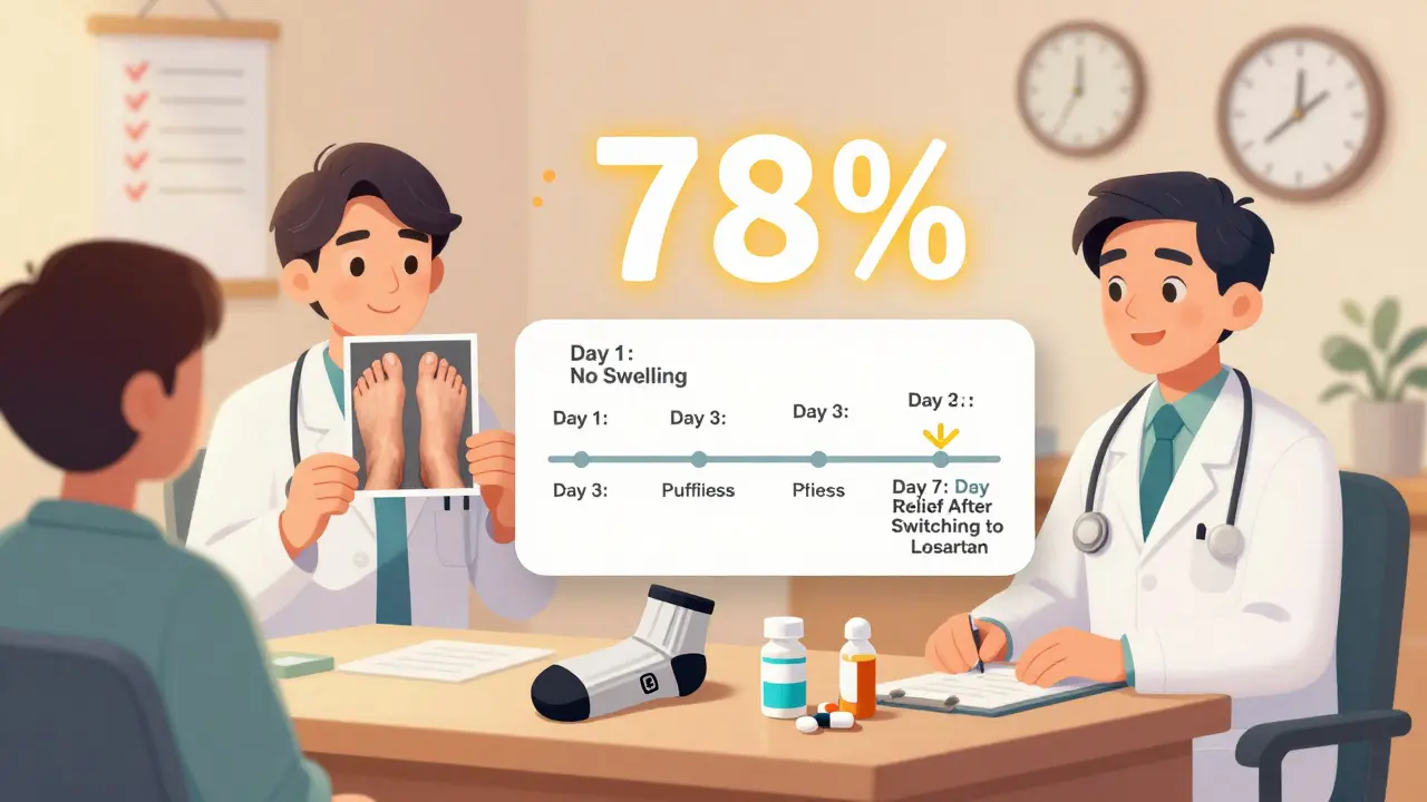 Patient comparing before-and-after photos of swelling, timeline showing improvement after switching medication.