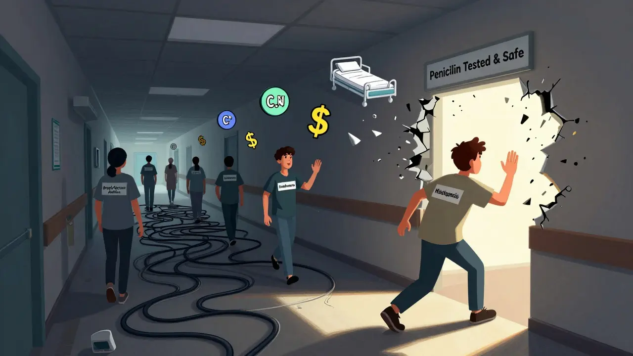 Patient escaping a dark antibiotic path into a safe penicillin corridor.