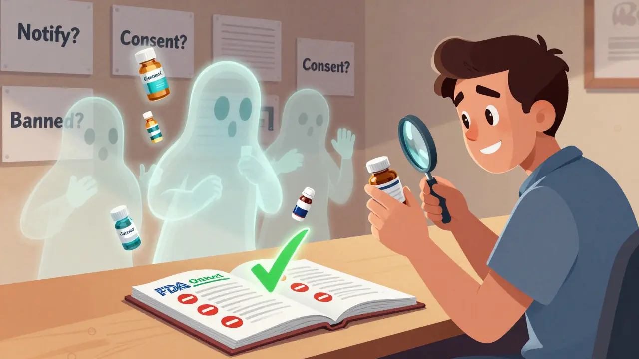 Patient examining a medication bottle with floating brand versions and state rule icons around them.