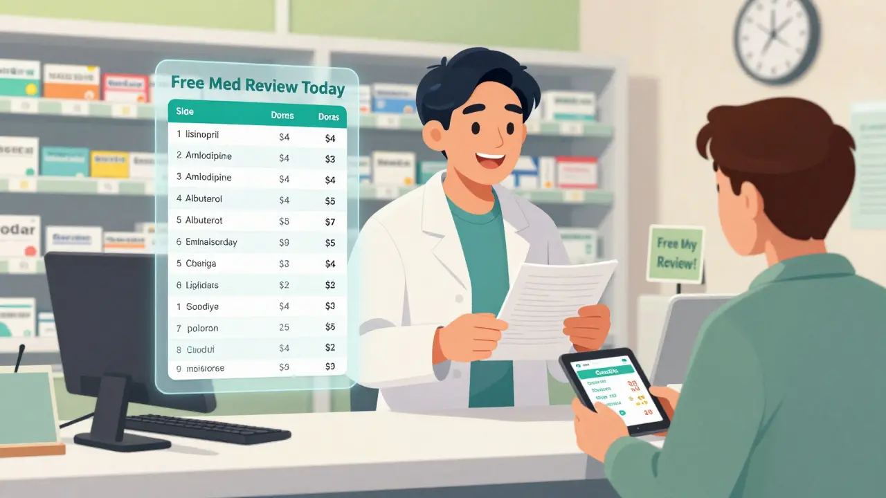 Pharmacist reviewing medication list with patient, showing price comparison chart and  generic labels in background.