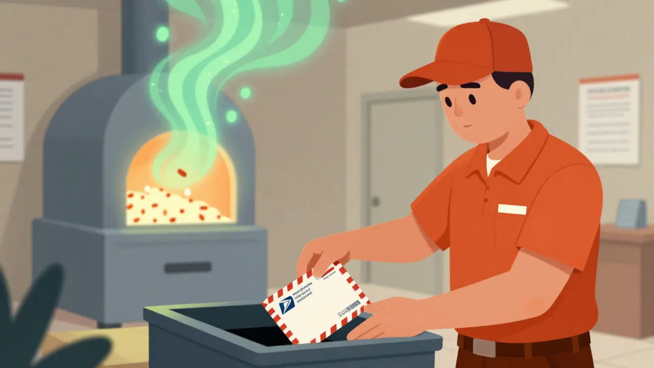 Postal worker sorting a drug mail-back envelope at a facility, with abstract green energy rising from a secure incinerator.