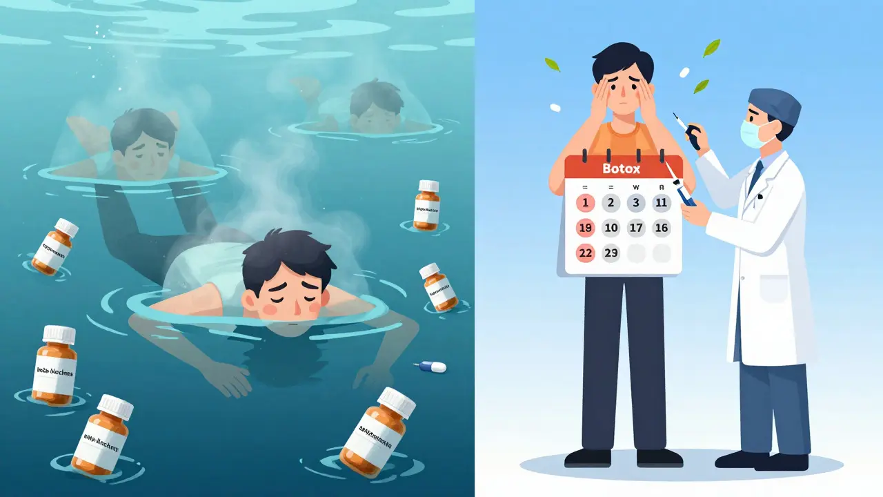 Side-by-side: person overwhelmed by pill bottles vs. same person receiving Botox injections with reduced headache days as falling leaves.