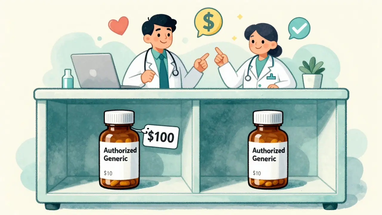 Split cabinet: expensive branded pill vs. cheap authorized generic, both identical, with smiling healthcare workers.