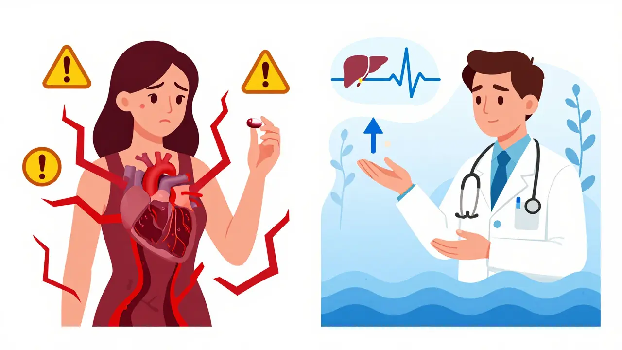 Split illustration showing dangerous interactions with tricyclics versus safe alternatives with bupropion and IUD.