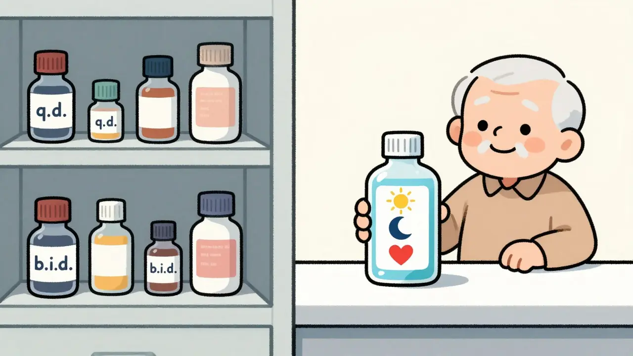 Split scene: chaotic medicine cabinet with confusing abbreviations vs. clean label with simple icons and smiling elderly person.