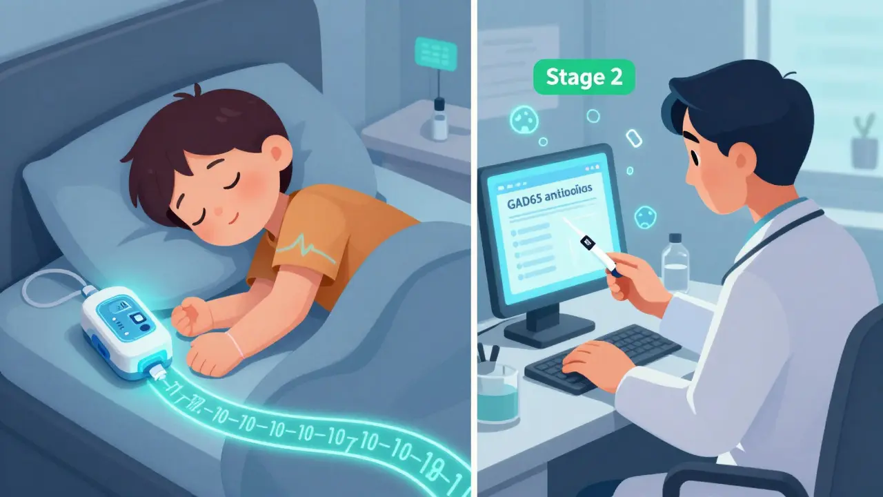 Split scene of a child with a CGM sleeping peacefully and an adult receiving a diabetes antibody test