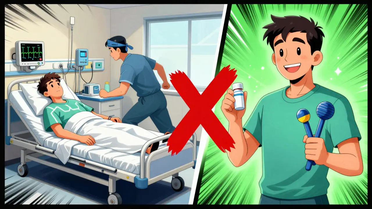 Split scene: one side shows a seizure in hospital, the other shows safe pain relief with acetaminophen and therapy.